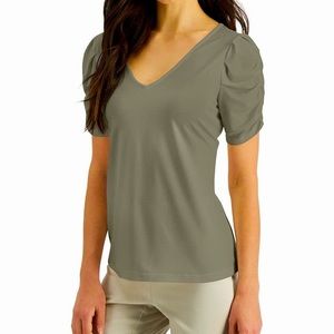 John Paul Richard Womens Double V Puff Sleeve Blouse Green XL